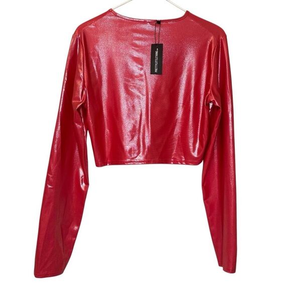 NWT PrettyLittleThing Metallic Jersey Long Sleeve Fitted Red Cropped Top Size 12 - Picture 1 of 5